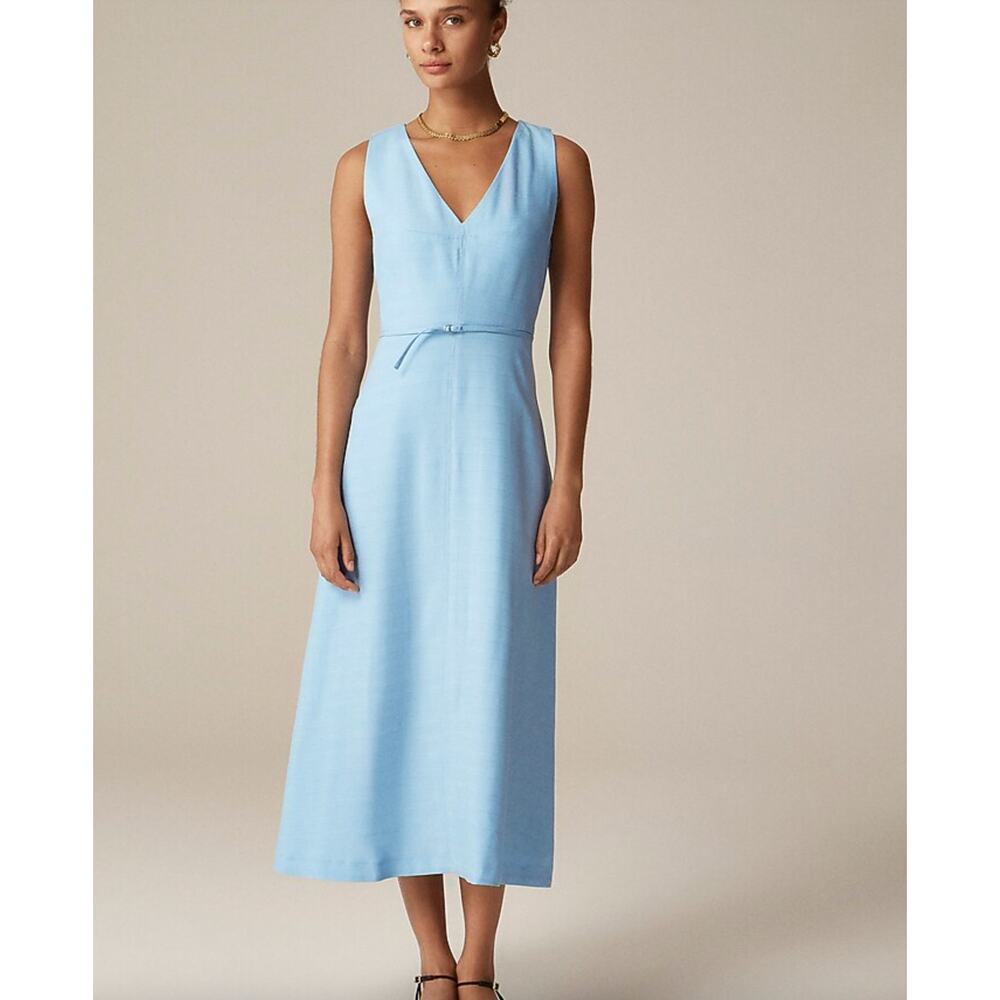 J Crew Mathilde V-Neck Dress In Luster Canvas Petite 0 Light Blue Missing Belt